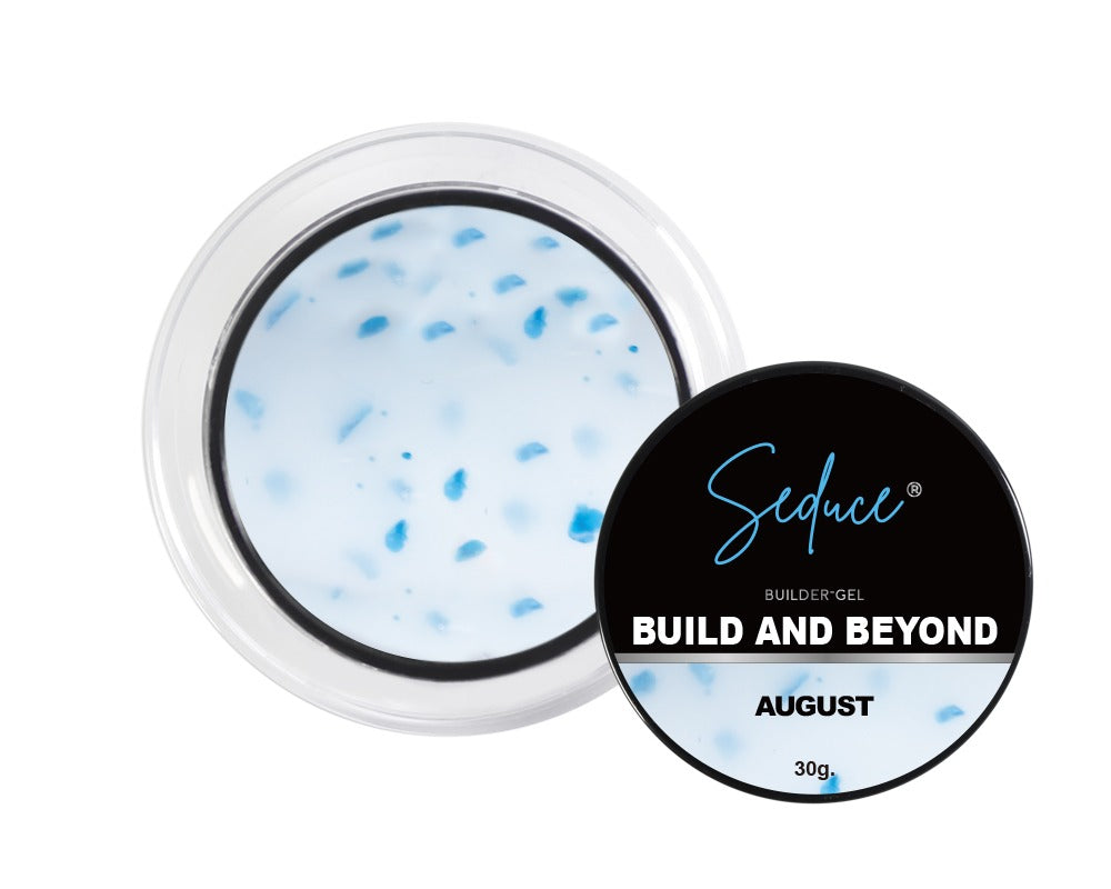 Seduce August milky white flower hardgel pot met licht blauwige ondertoon en blauwe bloemetjes op witte achtergrond