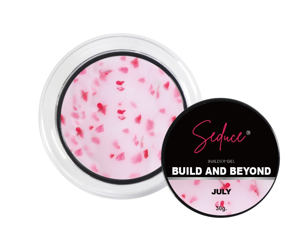 Seduce July milky white flower hardgel pot met warme roze rode bloemetjes op witte achtergrond