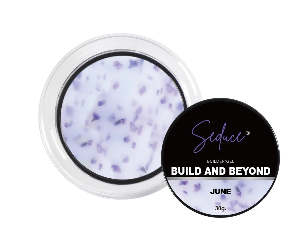 Seduce June milky white flower hardgel pot met zachte paarse bloemetjes op witte achtergrond