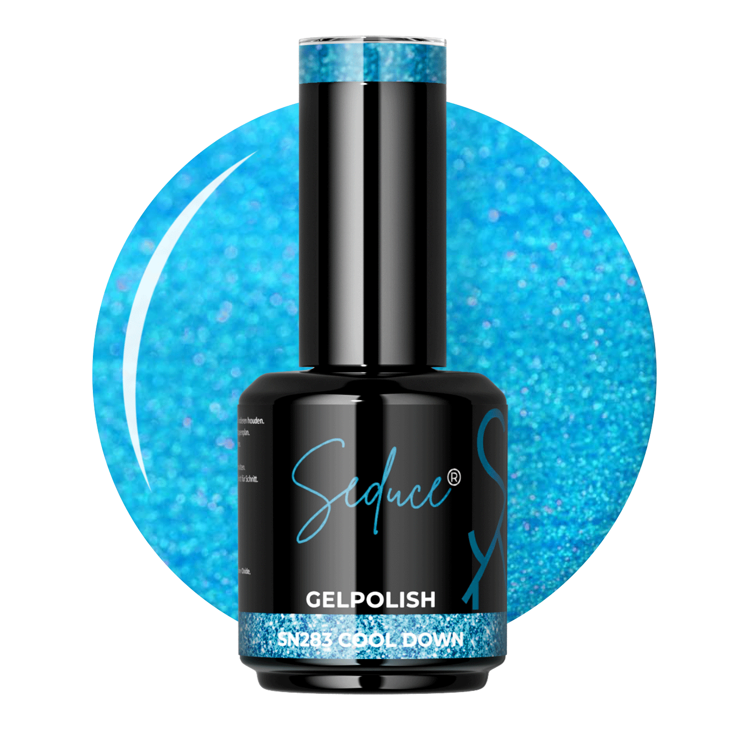 Seduce® Gelpolish Cool Down SN283 ijzig lichtblauwe colordrop met holografische glitter en flesje