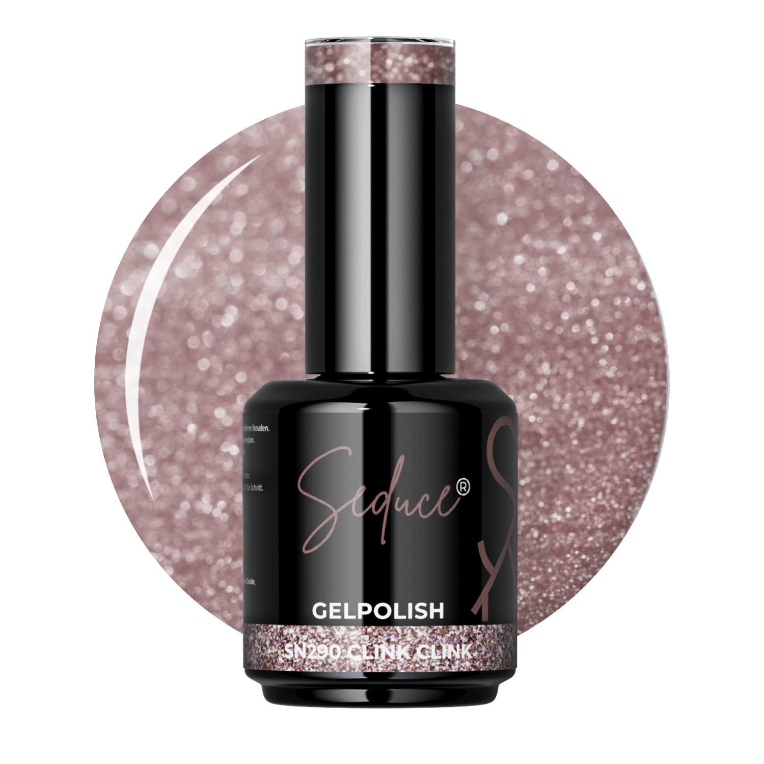 Seduce® Gelpolish Clink Clink SN290 champagne colordrop met glitter effect en flesje op witte achtergrond