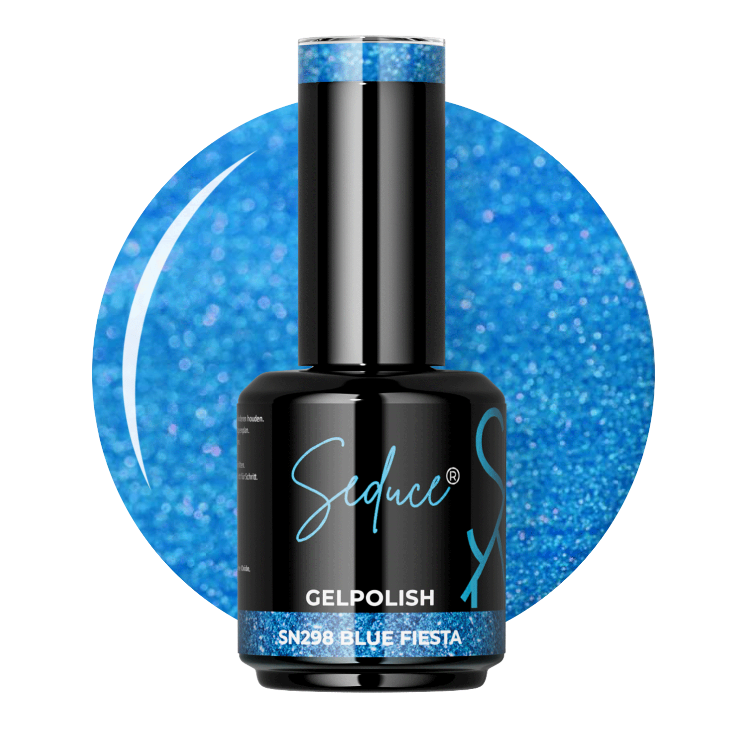 Seduce® Gelpolish Blue Fiesta SN298 heldere blauwe colordrop met glitter effect en flesje op witte achtergrond