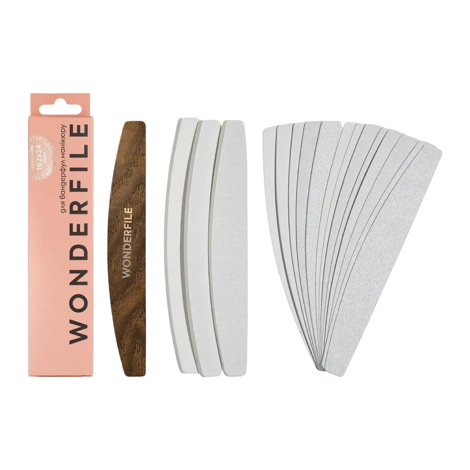 Wonderfile Halfmoon starterset manicure met houten base 162x24 mm, dunne plakstrips, zachte schuimstrips en plakbuffers in meerdere grits, 17-delig