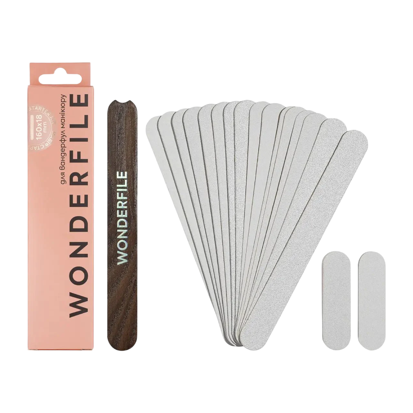 Wonderfile starterset manicure met houten base 160x18 mm, dunne plakstrips, zachte schuimstrips en plakbuffers in vier grits, 19-delig