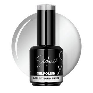 Seduce® gelpolish zilveren titanium base lak. Kan onder de lakjes 117 t/m 124 als je een spiegeleffect wil creëren. Zonder deze basis zijn de lakjes transparant.