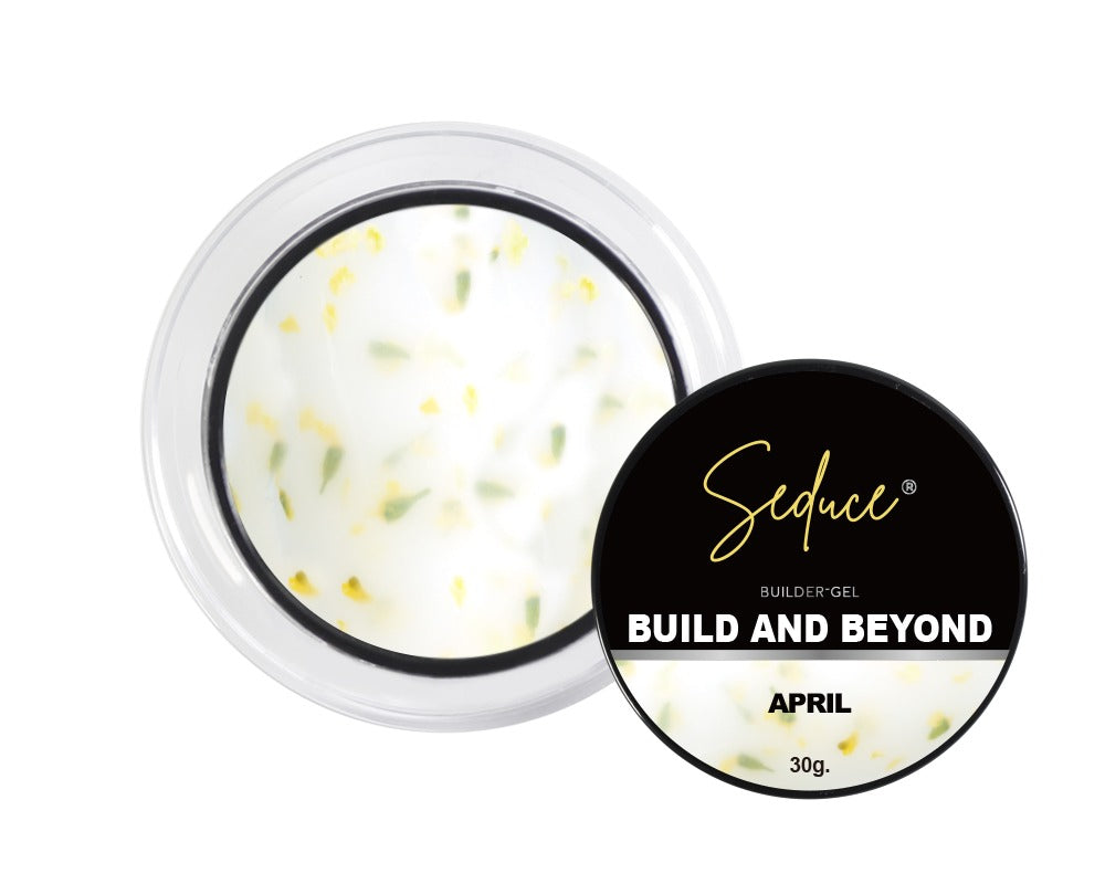 Seduce April milky white flower hardgel pot met zachte gele bloemetjes op witte achtergrond