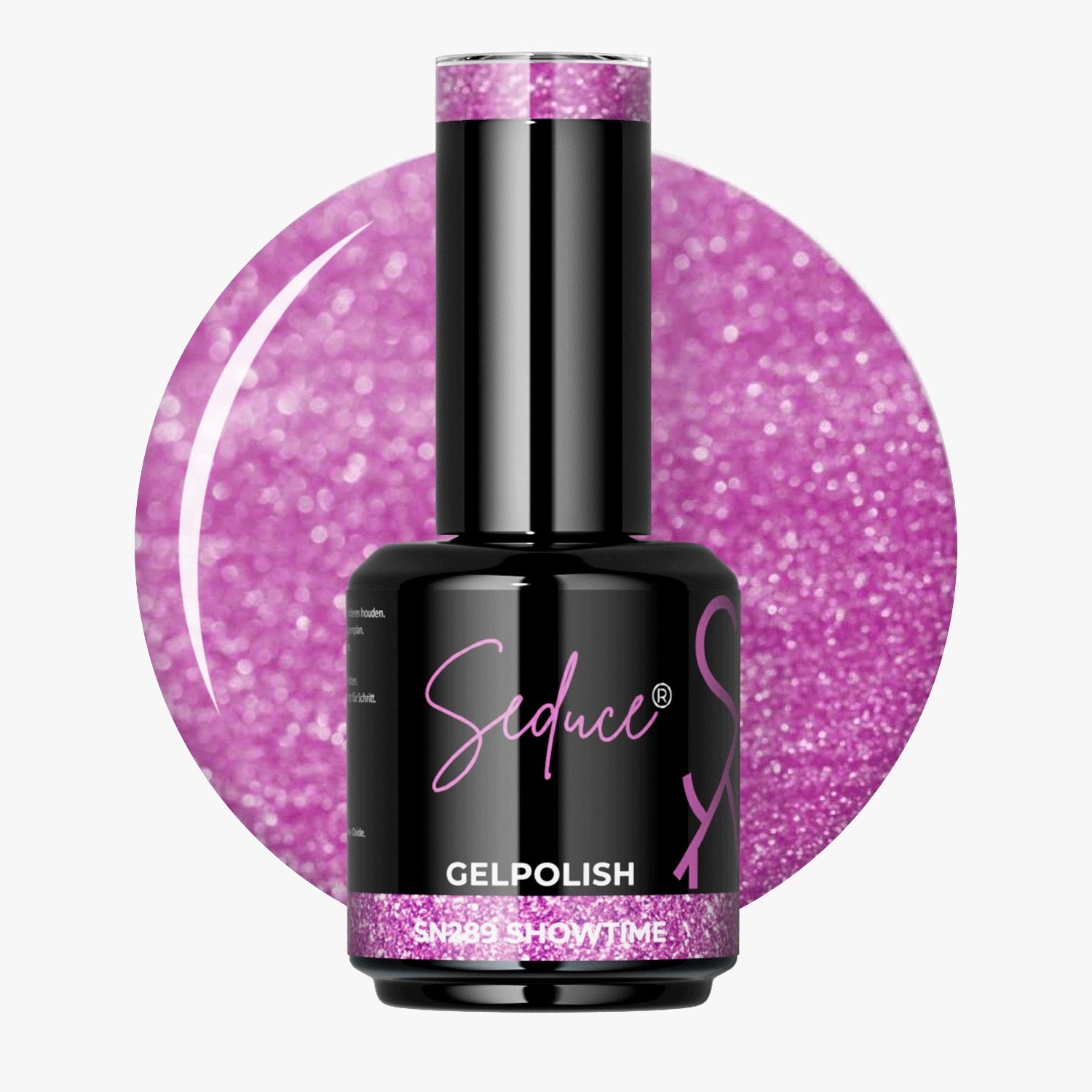 Flesje Seduce® Gelpolish SN289 Showtime naast een paarsroze colordrop met sparkle effect