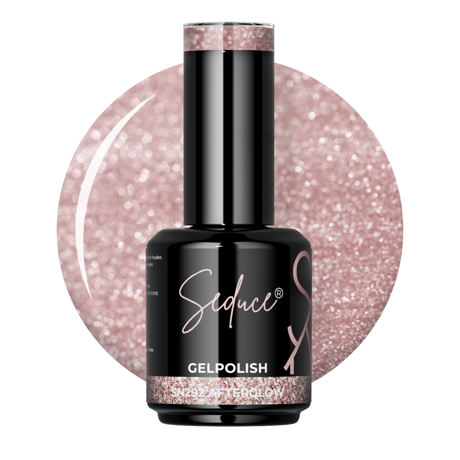Flesje Seduce® Gelpolish SN292 Afterglow naast een oudroze colordrop met fijne holografische schittering
