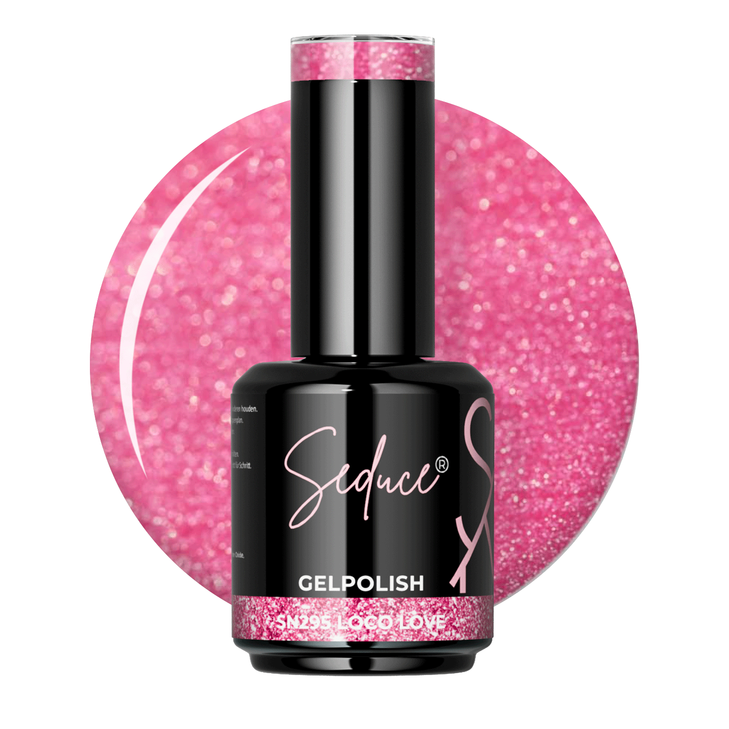 Flesje Seduce® Gelpolish SN295 Loco Love naast een diepe roze paarse colordrop met sprankelende glitter