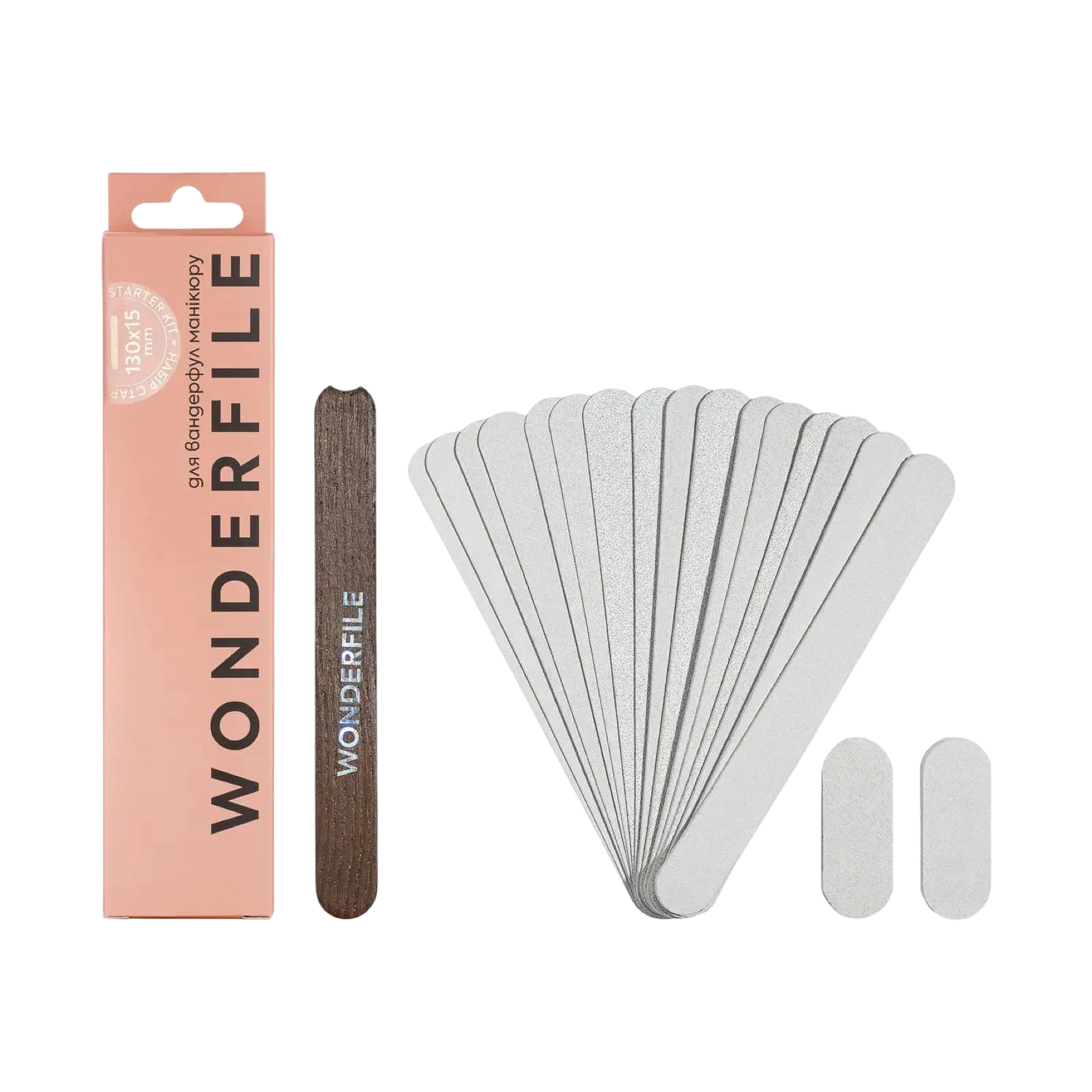 Wonderfile startersset manicure met houten base 130x15 mm, dunne plakstrips, zachte schuimstrips en plakbuffers in vier grits, 19-delig