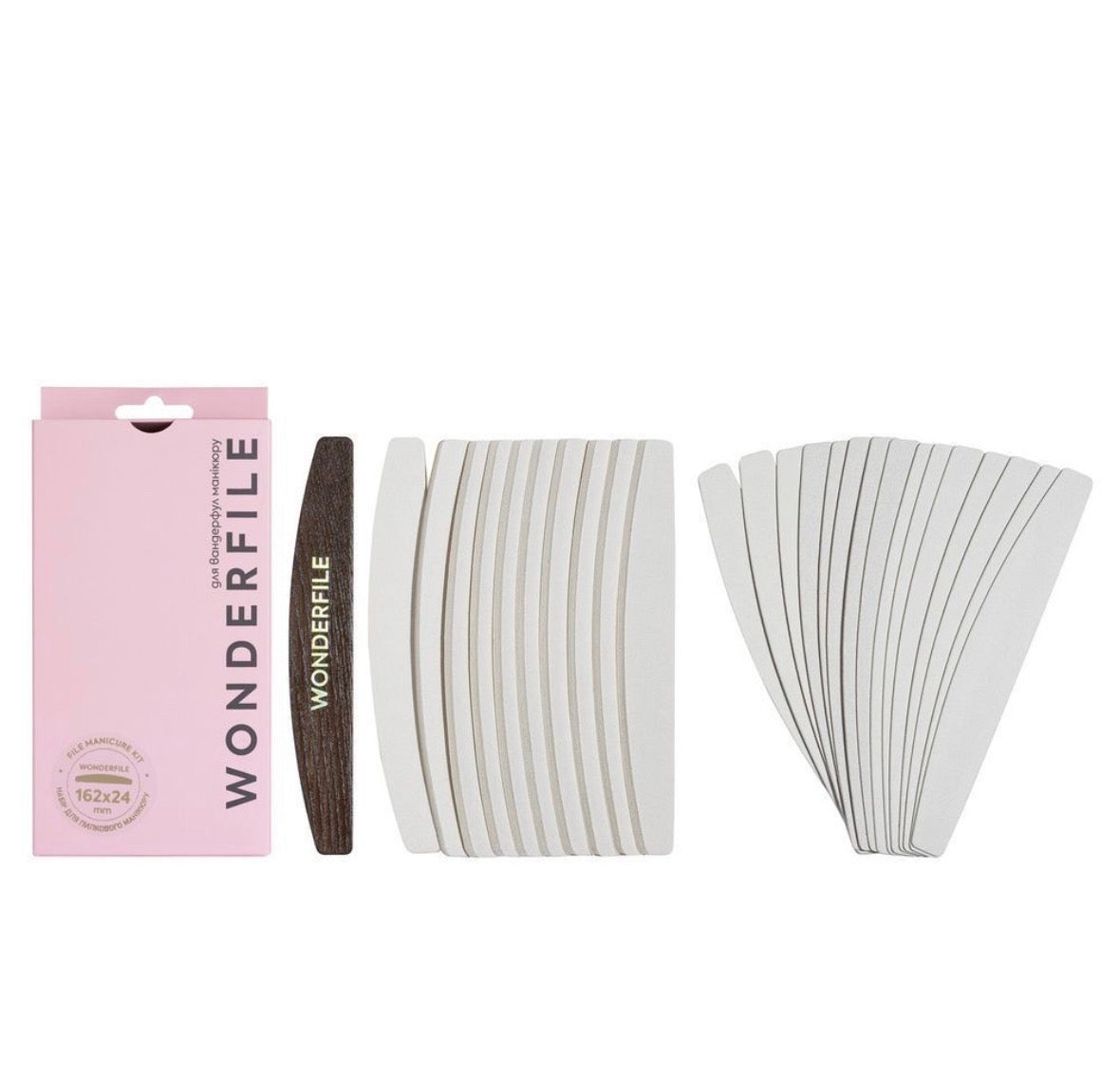 Wonderfile Halfmoon starterset 26-delig met houten base 162x24 mm, zachte schuimstrips en plakbuffers in 180 tot 500 grit